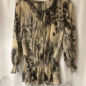 Sienna Rose‎ Black and Cream Abstract Blouse with beaded neckline. XL